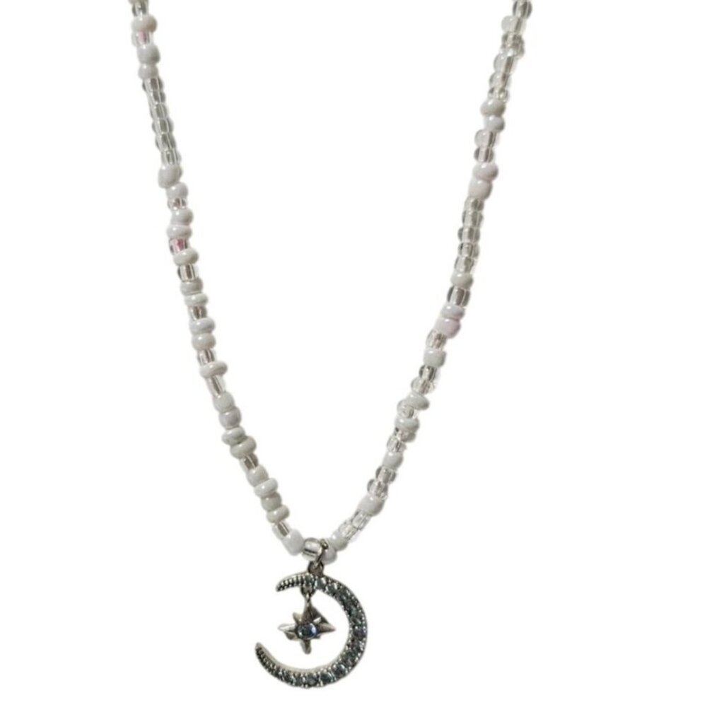 Star Crescent Moon Charm White Beaded Necklace Celestial Fashion Jewelry Women